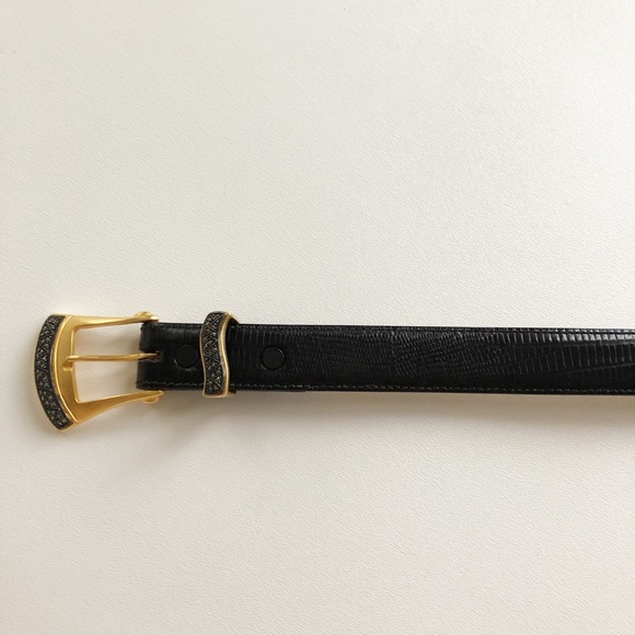 Vtg Judith Jack Gold Tone Buckle w/ Marcasites Black Leather Belt Lizard Sz Sm - Picture 2 of 14